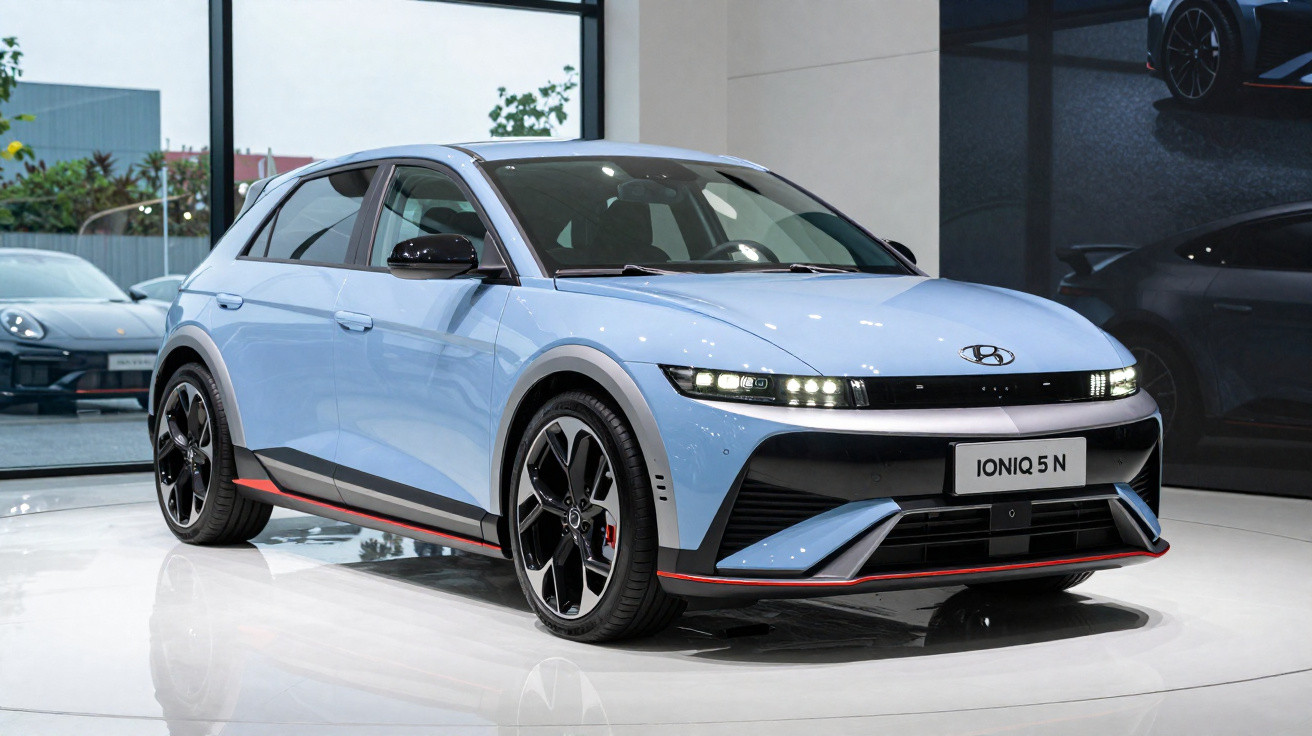 Carro elétrico Hyundai Ioniq 5 N azul exibido em showroom moderno com iluminação refletida no piso.