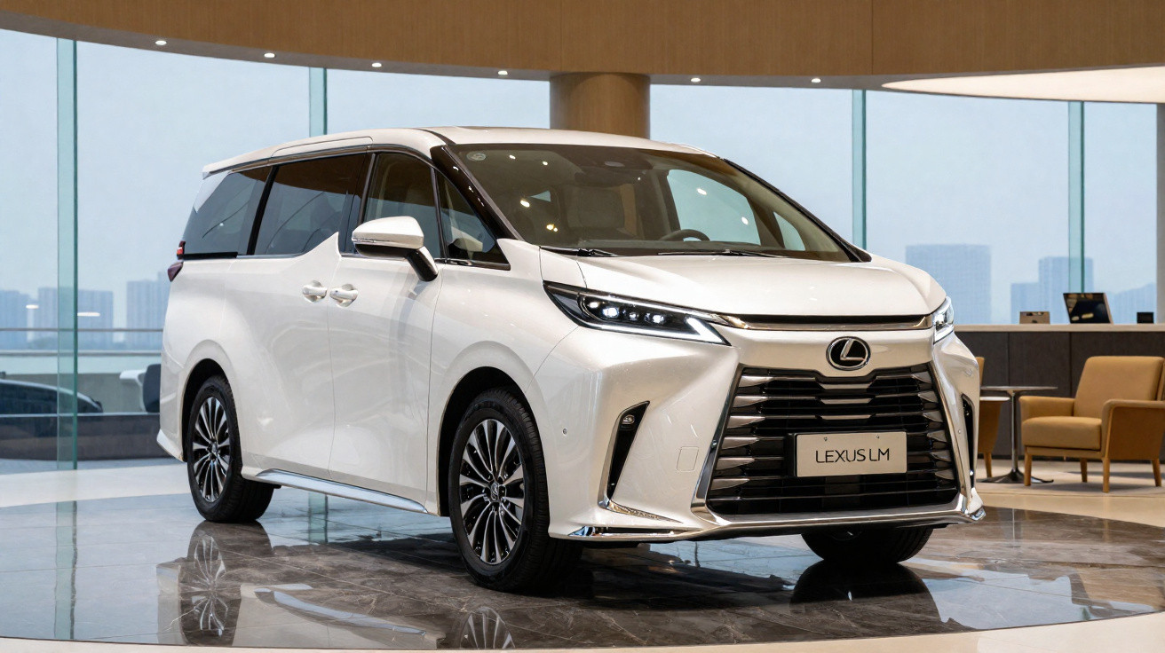 Veículo Lexus LM branco exibido em ambiente interno moderno com piso espelhado.
