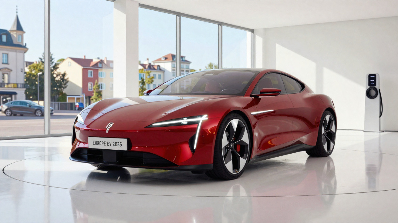 Carro esportivo elétrico vermelho em showroom com parede de vidro e estação de recarga próximo.