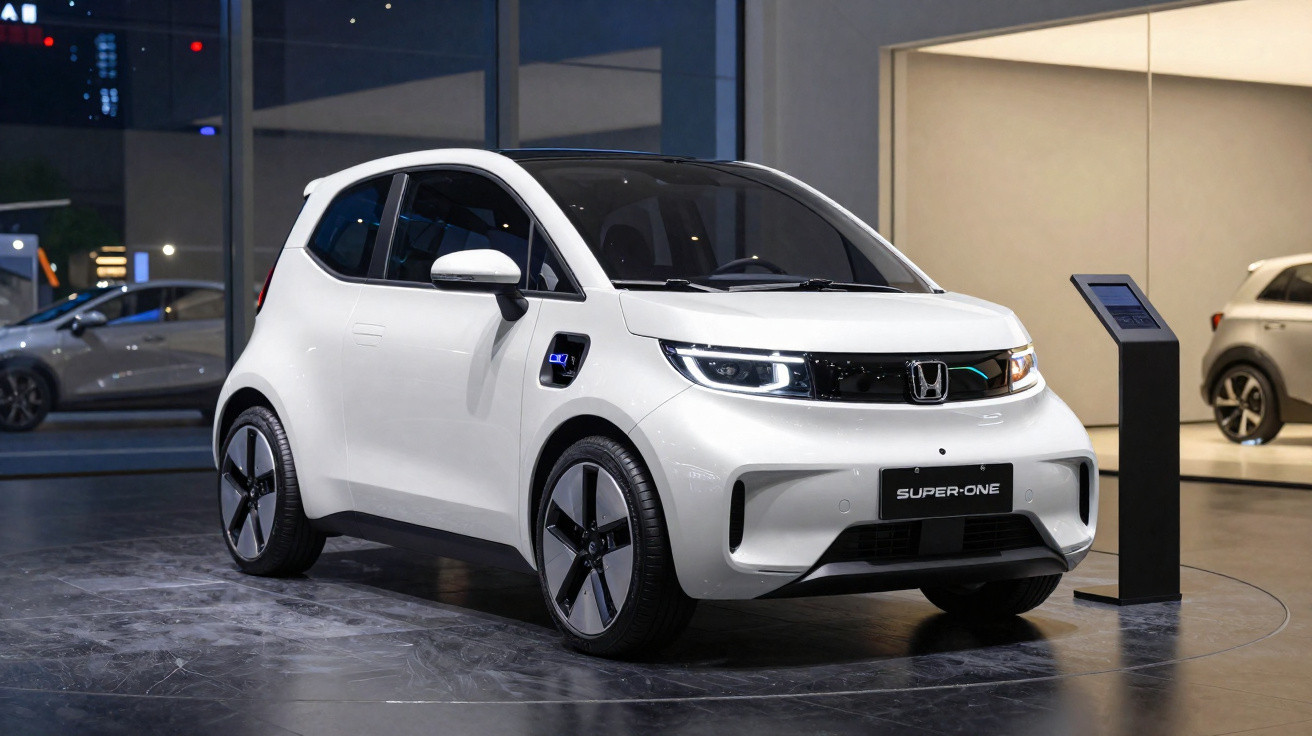 Carro elétrico Honda branco modelo Super One exposto em ambiente moderno e iluminado.