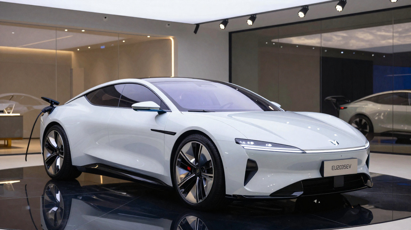 Carro elétrico branco de design moderno estacionado em showroom com iluminação interna.
