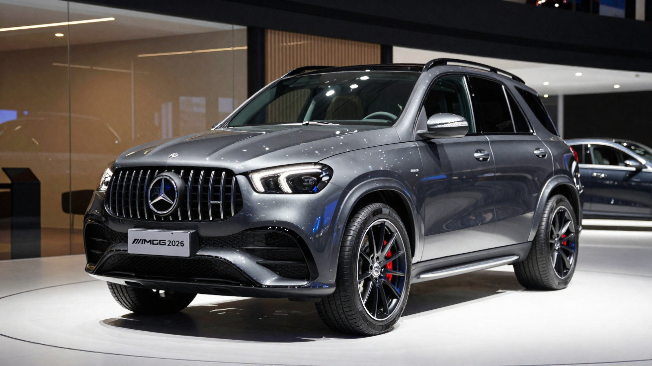 Carro SUV Mercedes-Benz AMG cinza metálico exibido em salão de automóveis com rodas pretas e detalhes em vermelho.