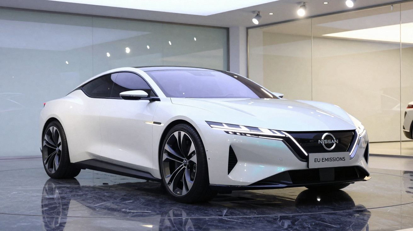 Carro elétrico branco Nissan EV de design moderno exposto em ambiente interno com iluminação branca.