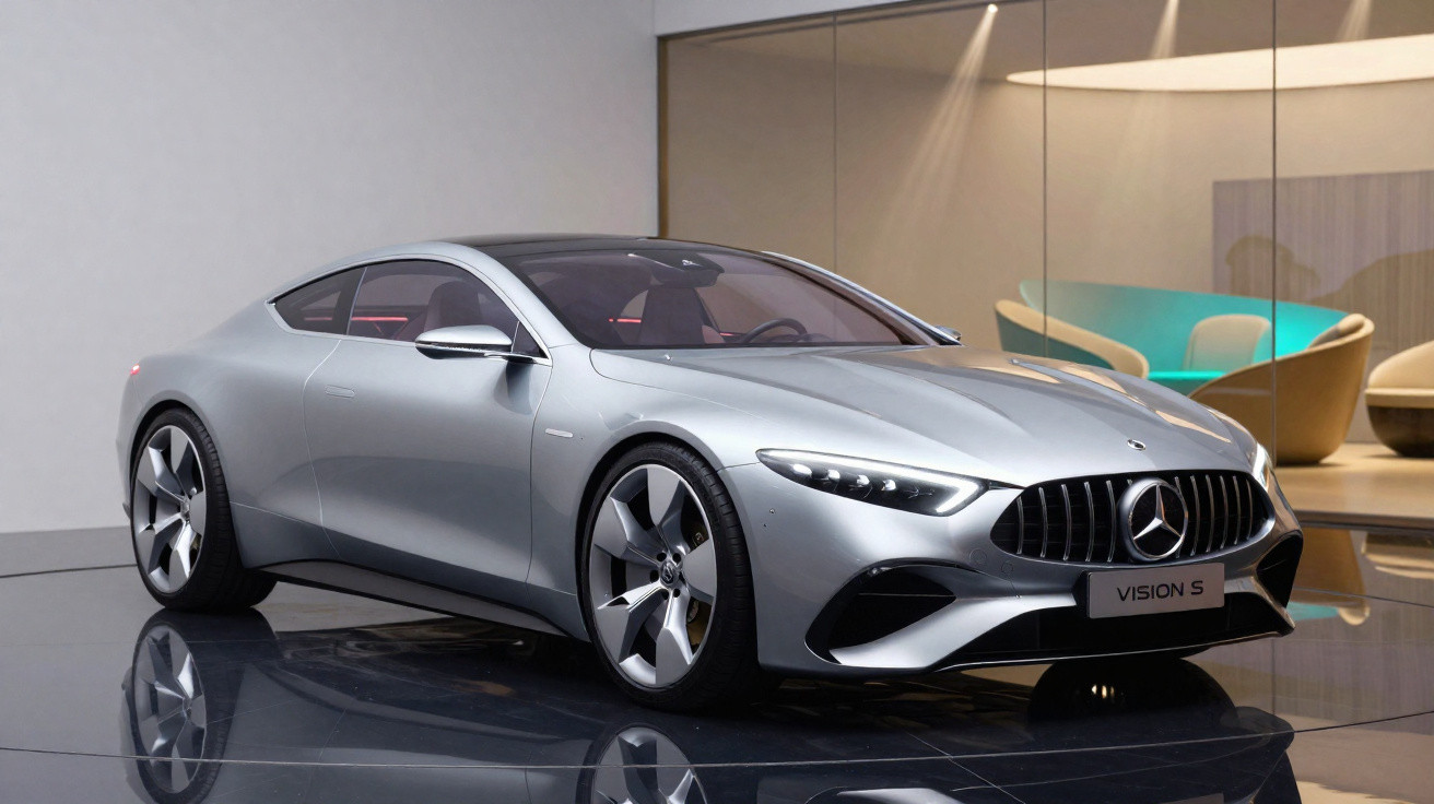 Carro esportivo Mercedes Vision S prateado em exposição interna com design moderno e aerodinâmico.