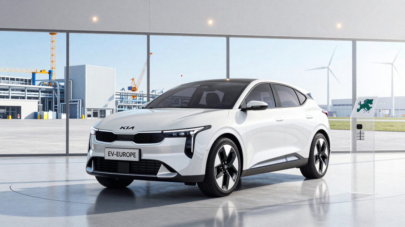 Carro elétrico branco Kia EV estacionado em showroom moderno com janelas grandes e turbinas eólicas ao fundo.
