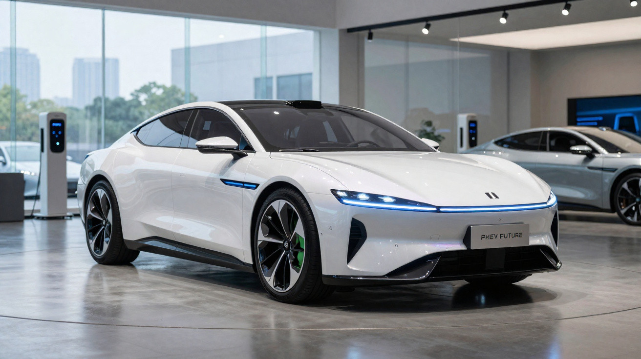 Carro elétrico esportivo branco exposto em showroom moderno com iluminação branca e piso de concreto polido.