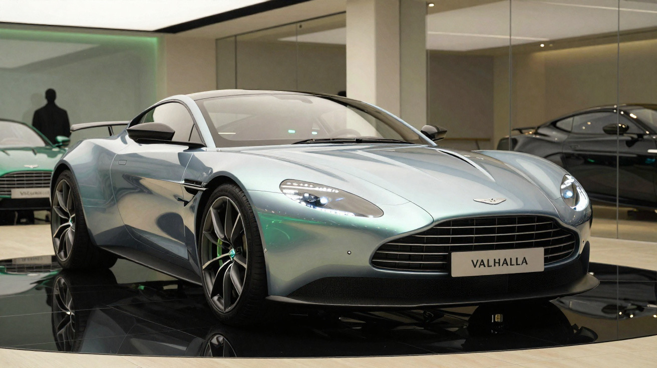 Carro esportivo Aston Martin Valhalla prata exibido em showroom com espelhos ao fundo.