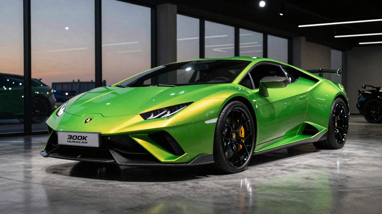 Lamborghini Huracán verde em showroom moderno com chão de concreto e grandes janelas ao fundo.