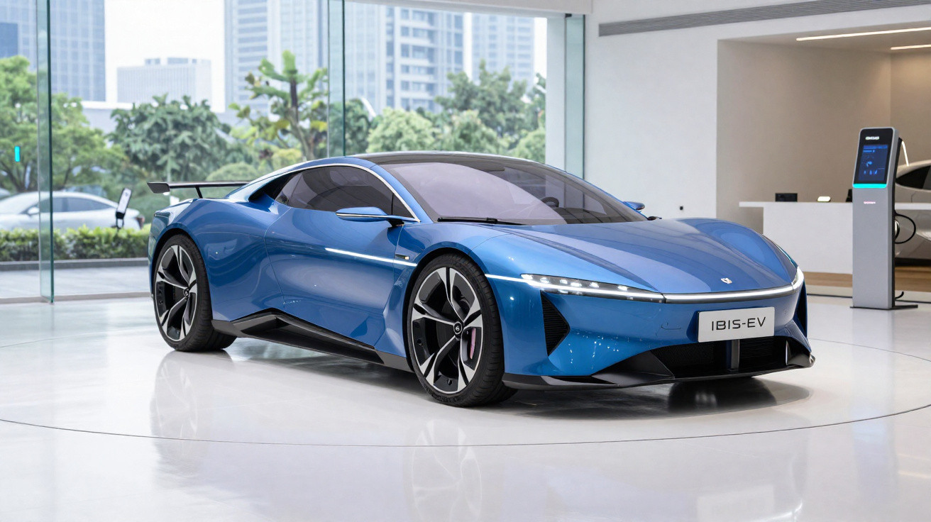 Carro esportivo elétrico azul IBIS-EV em exposição em ambiente moderno com vidro e prédios ao fundo.