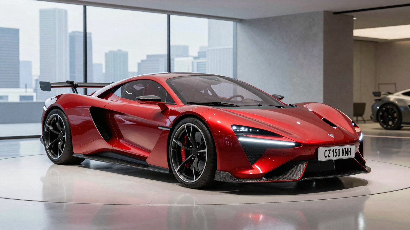Carro esportivo vermelho brilhante em exposição interna com janela mostrando prédios ao fundo.