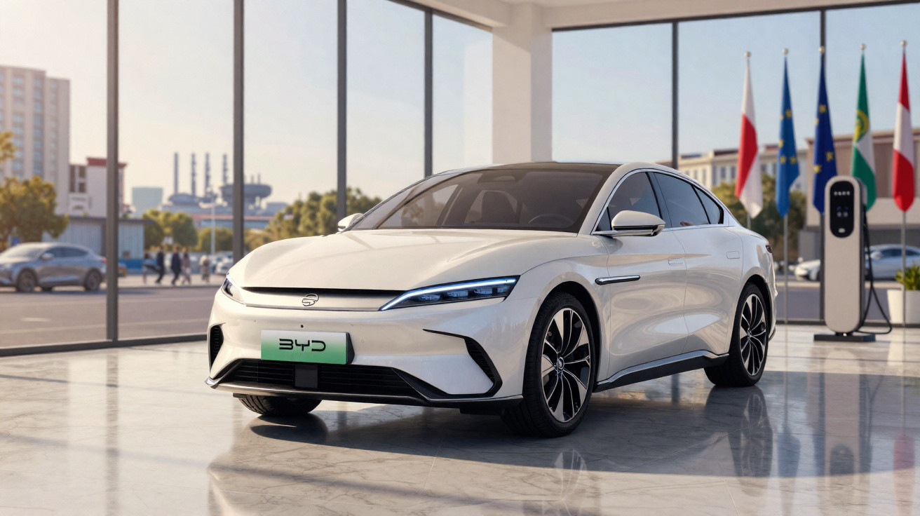Carro elétrico branco estacionado em showroom com teto de vidro e estação de carregamento ao fundo.