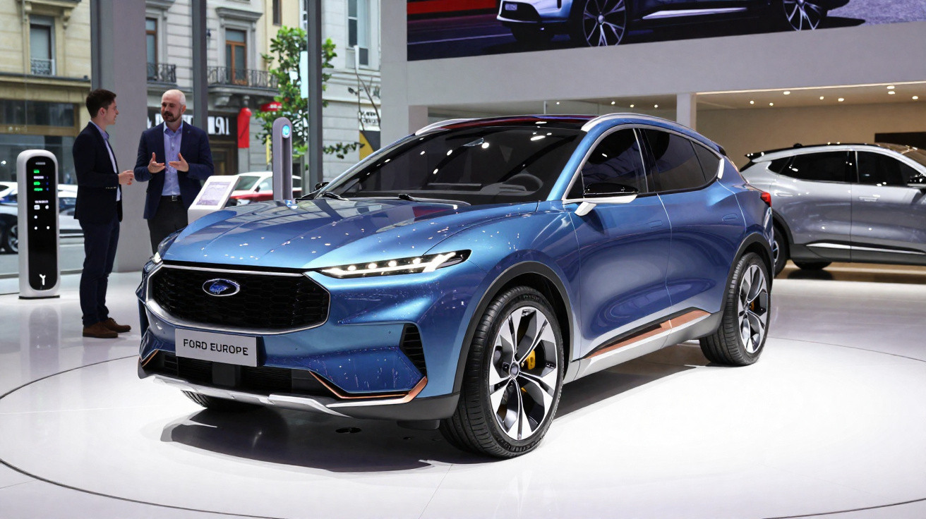 Carro elétrico azul da Ford em exposição, com duas pessoas conversando ao fundo em ambiente interno.