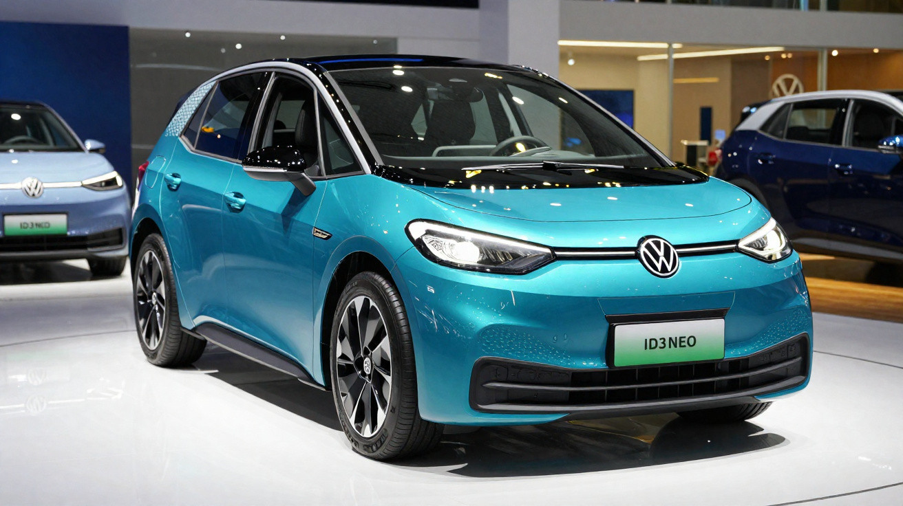Carro elétrico Volkswagen ID.3 NEO azul exposto em salão automotivo, vista frontal lateral direita.