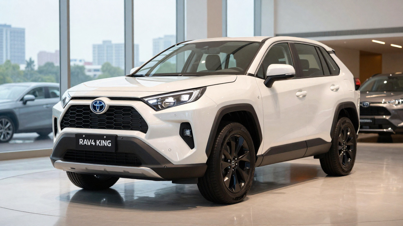 SUV Toyota RAV4 King branco exposto em salão com piso brilhante e janela de vidro grande.