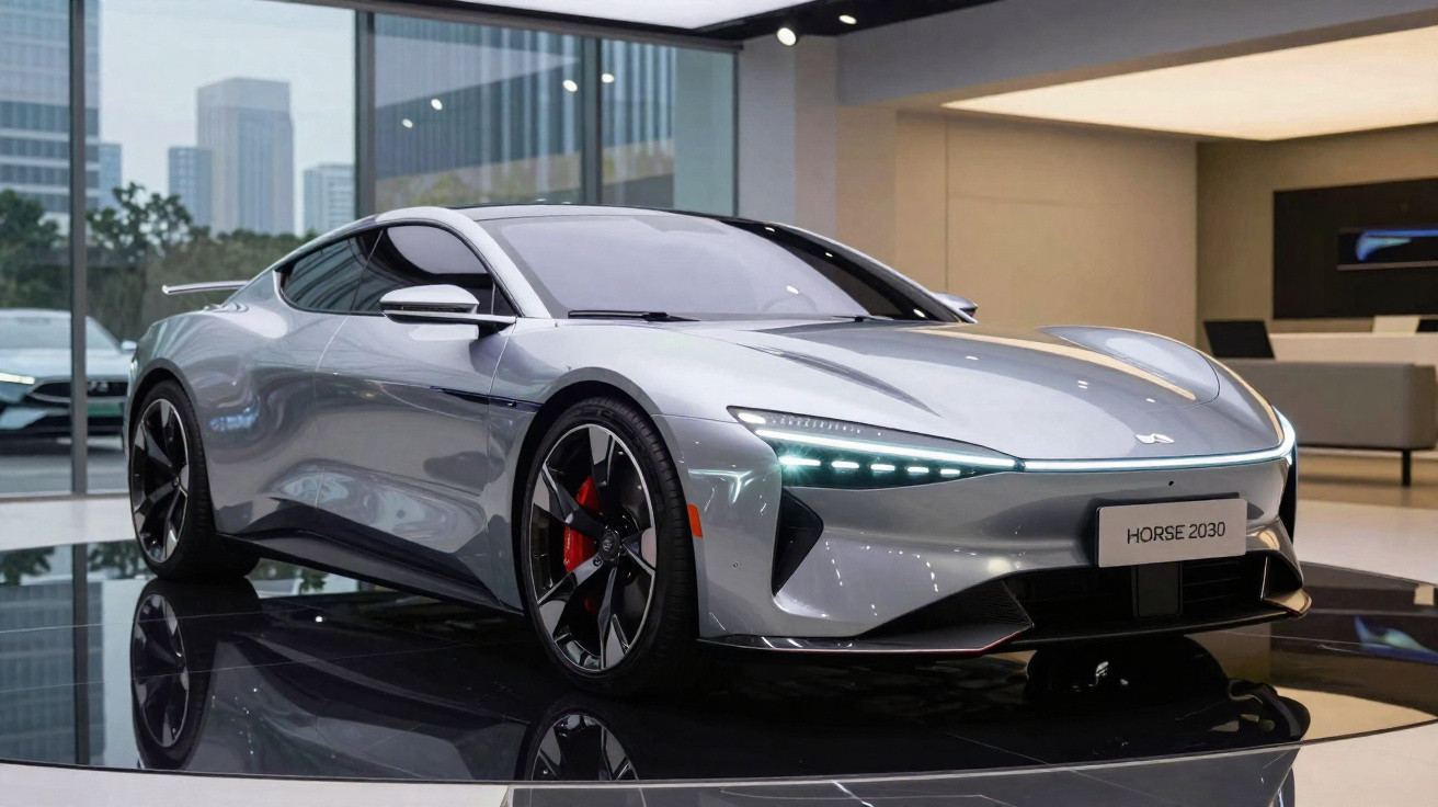Carro esportivo prateado futurista em exposição interna com detalhes aerodinâmicos e rodas pretas.