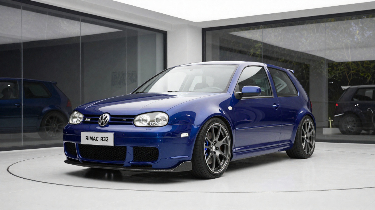 Carro esportivo Volkswagen Golf azul com rodas pretas em exposição interna minimalista.
