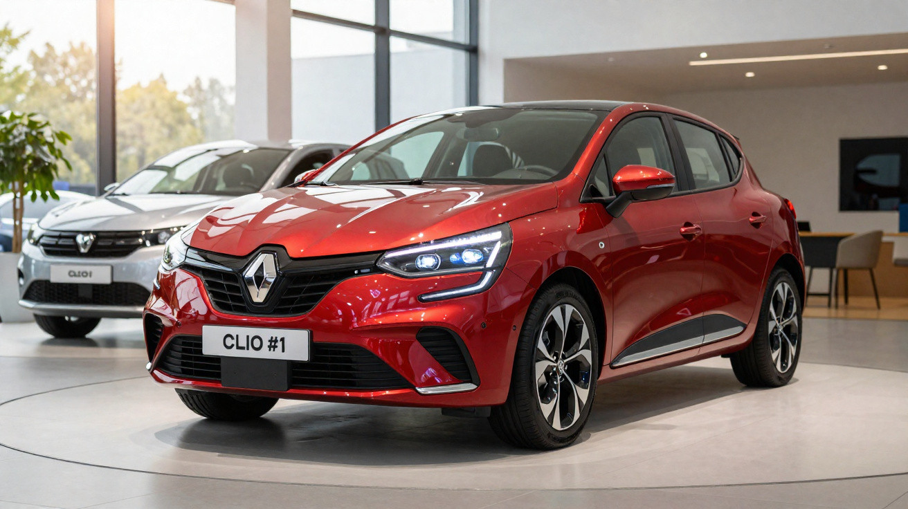 Carro vermelho Renault Clio exibido em showroom moderno com carro branco ao fundo.