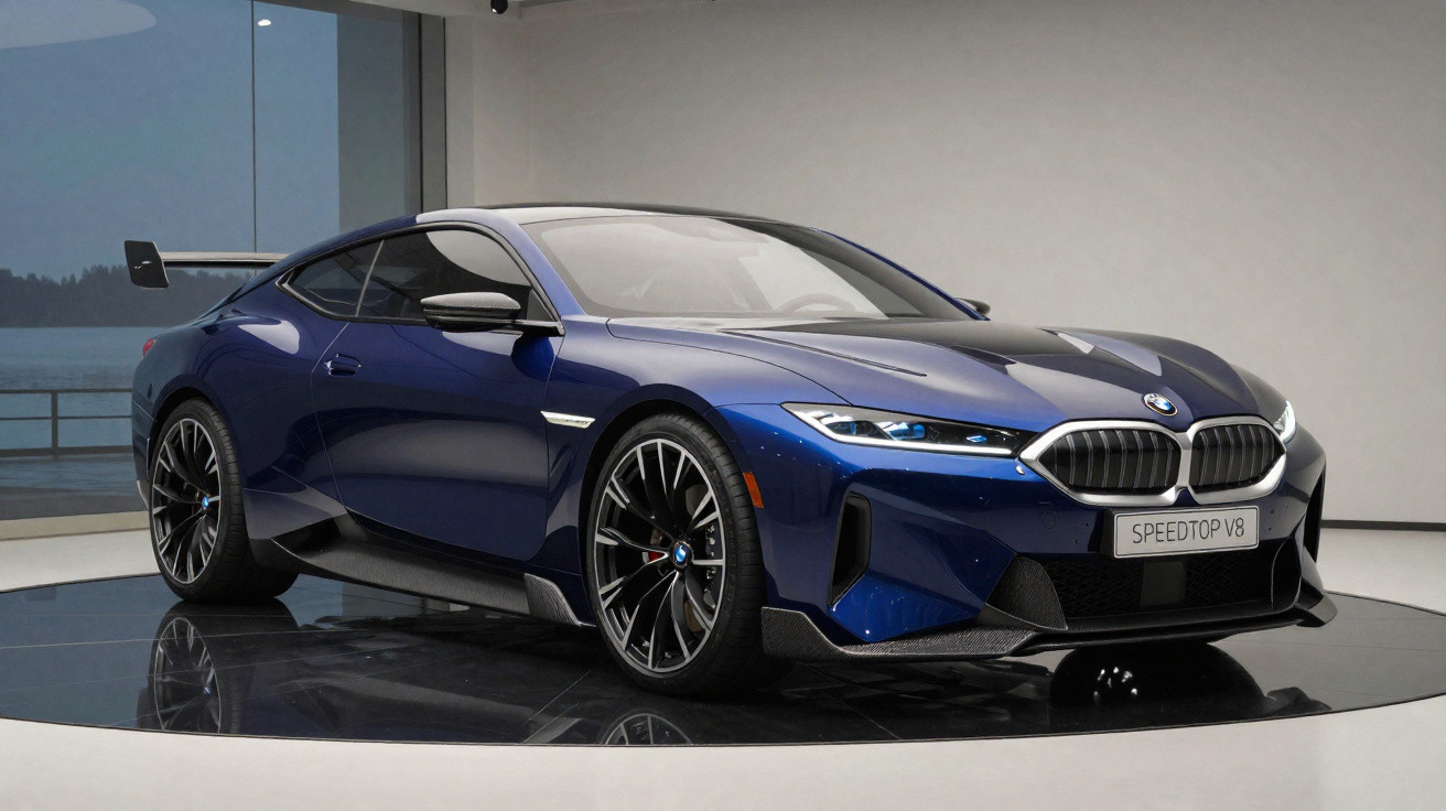 Carro esportivo BMW azul Speedtop V8 exibido em ambiente interno com piso refletivo.