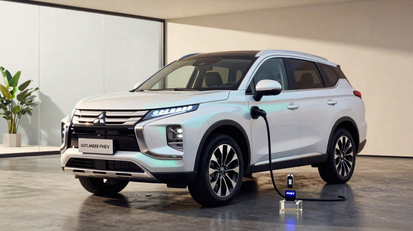Carro elétrico SUV Mitsubishi Outlander PHEV branco estacionado em ambiente interno, conectado a carregador.