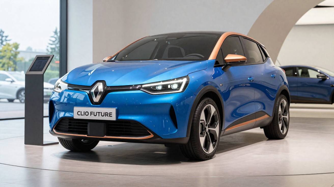 Carro elétrico azul Renault Clio Future em exposição, com detalhes em laranja e rodas modernas.