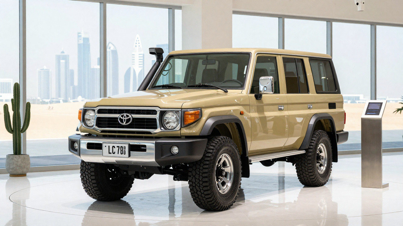 SUV Toyota Land Cruiser clássico bege exibido em showroom moderno com vidros grandes e cactus ao lado.