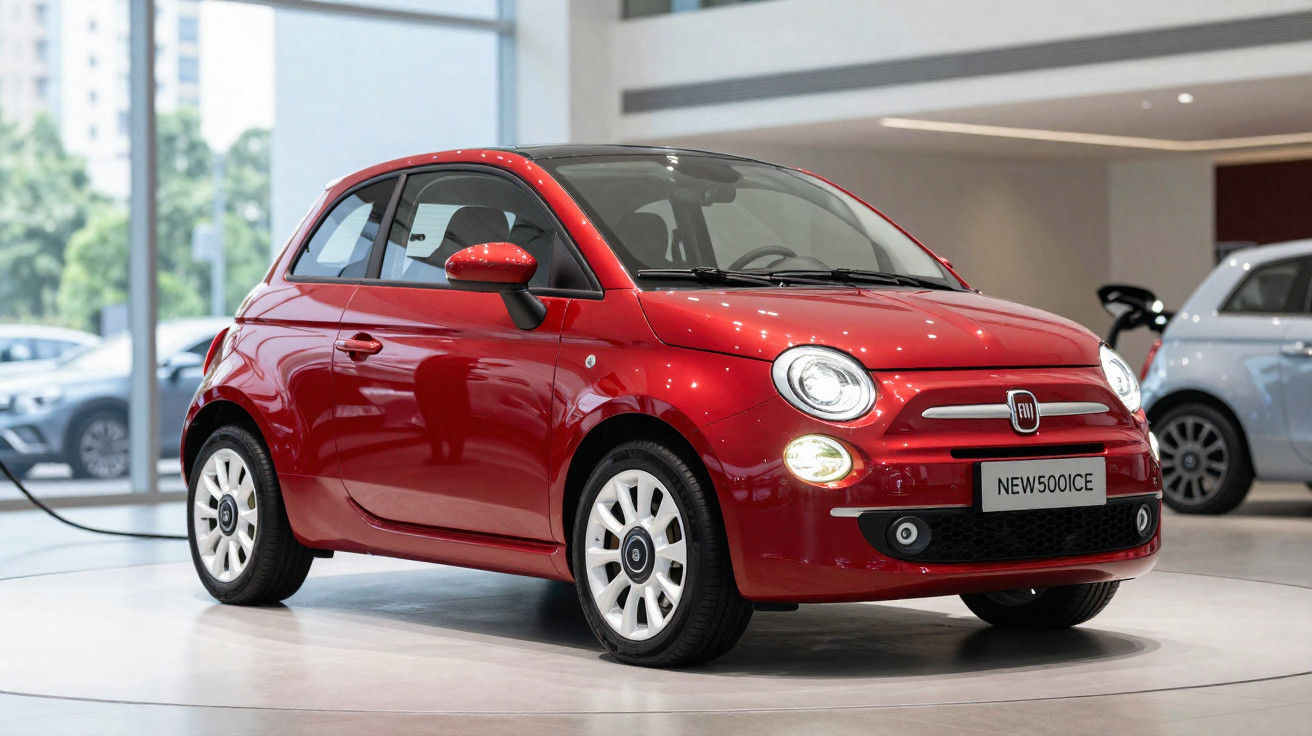 Carro compacto Fiat 500 vermelho em exposição interna com iluminação refletida na lataria.