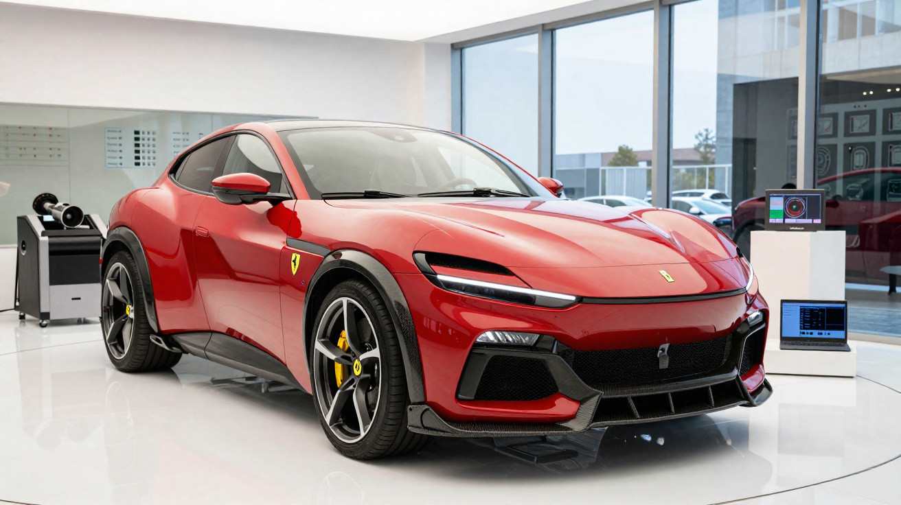 Carro esportivo Ferrari vermelho exibido em showroom moderno com rodas pretas e detalhes amarelos.