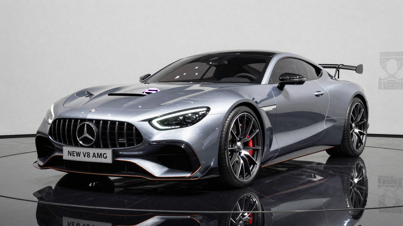 Carro esportivo Mercedes-Benz AMG prata com detalhes em preto e vidro escuro em estúdio com fundo neutro.