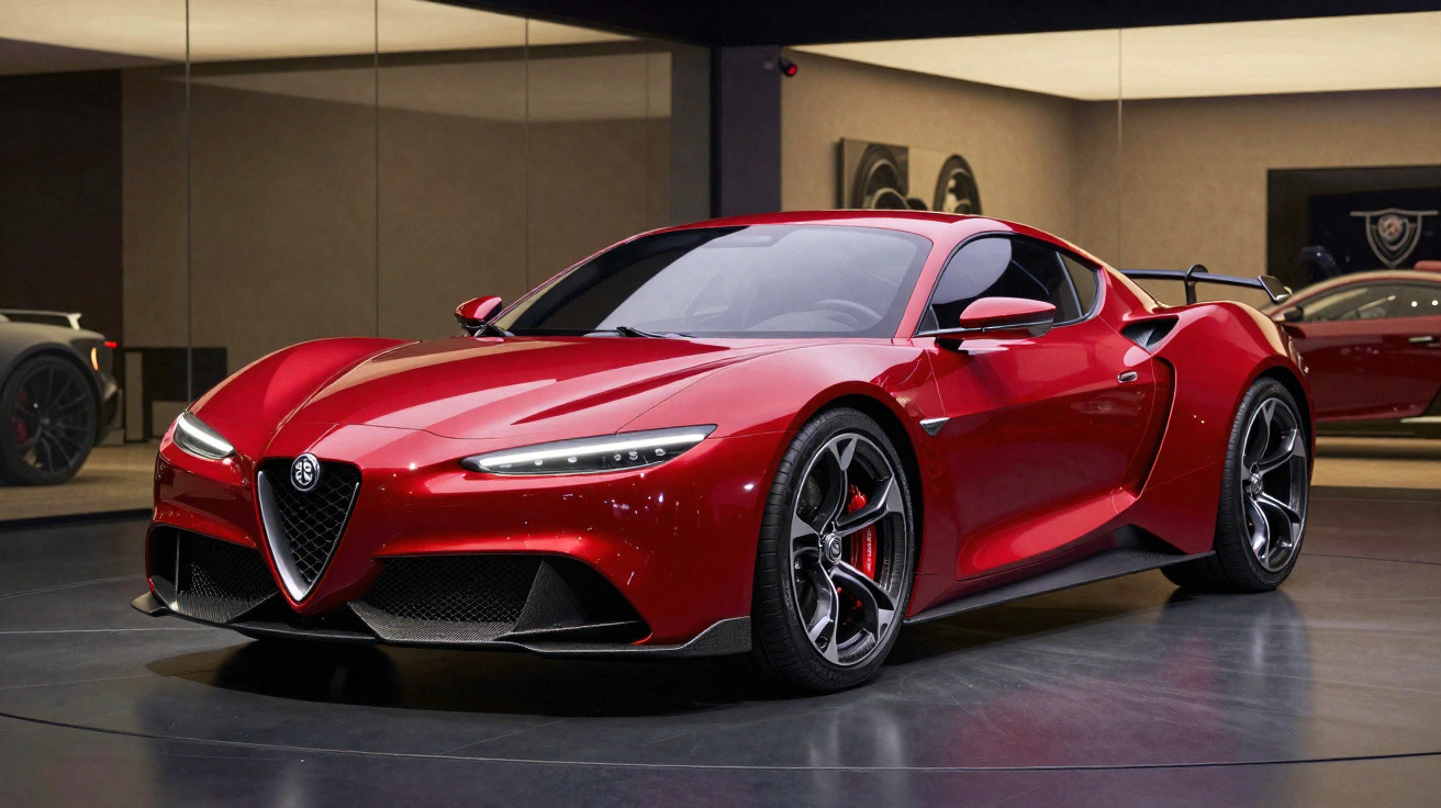 Carro esportivo vermelho Alfa Romeo com design aerodinâmico em sala de exposição moderna.
