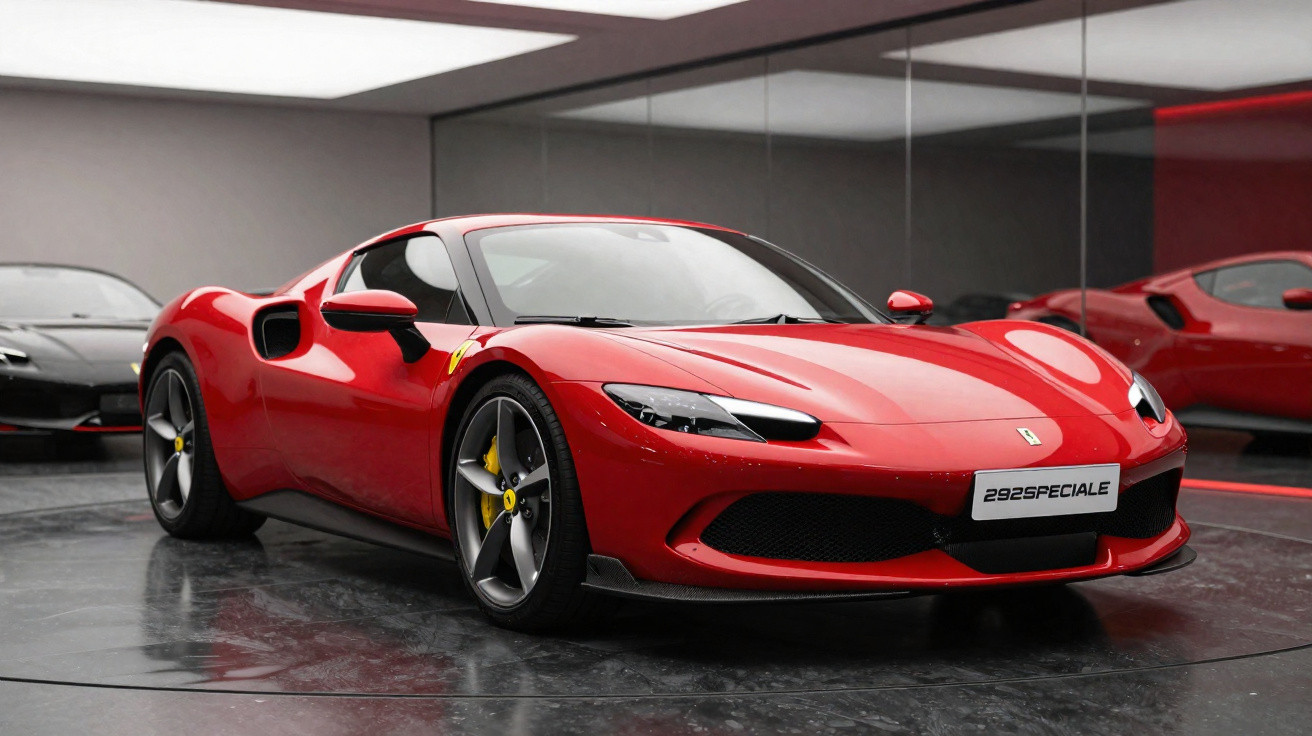 Carro esportivo Ferrari 292 Speciale vermelho exibido em ambiente interno moderno com piso refletivo.