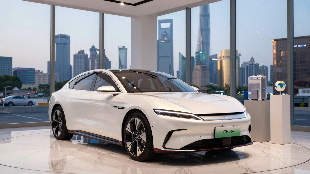Carro elétrico branco exposto em showroom com janelas grandes e vista urbana ao fundo ao entardecer.