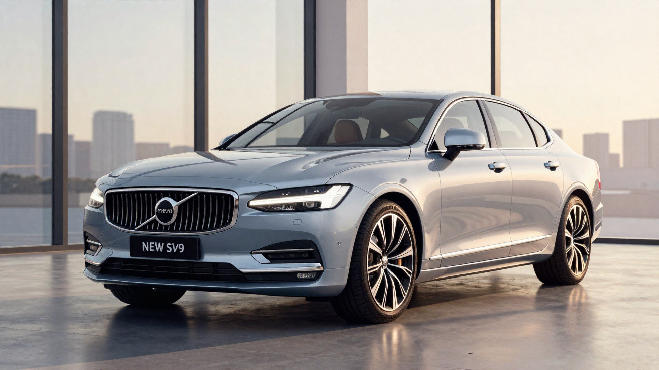 Carro sedan Volvo novo modelo SV9 prata estacionado em ambiente interno com grandes janelas.