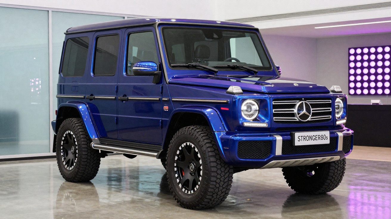 SUV Mercedes-Benz G-Class azul metálico estacionada em ambiente interno moderno.