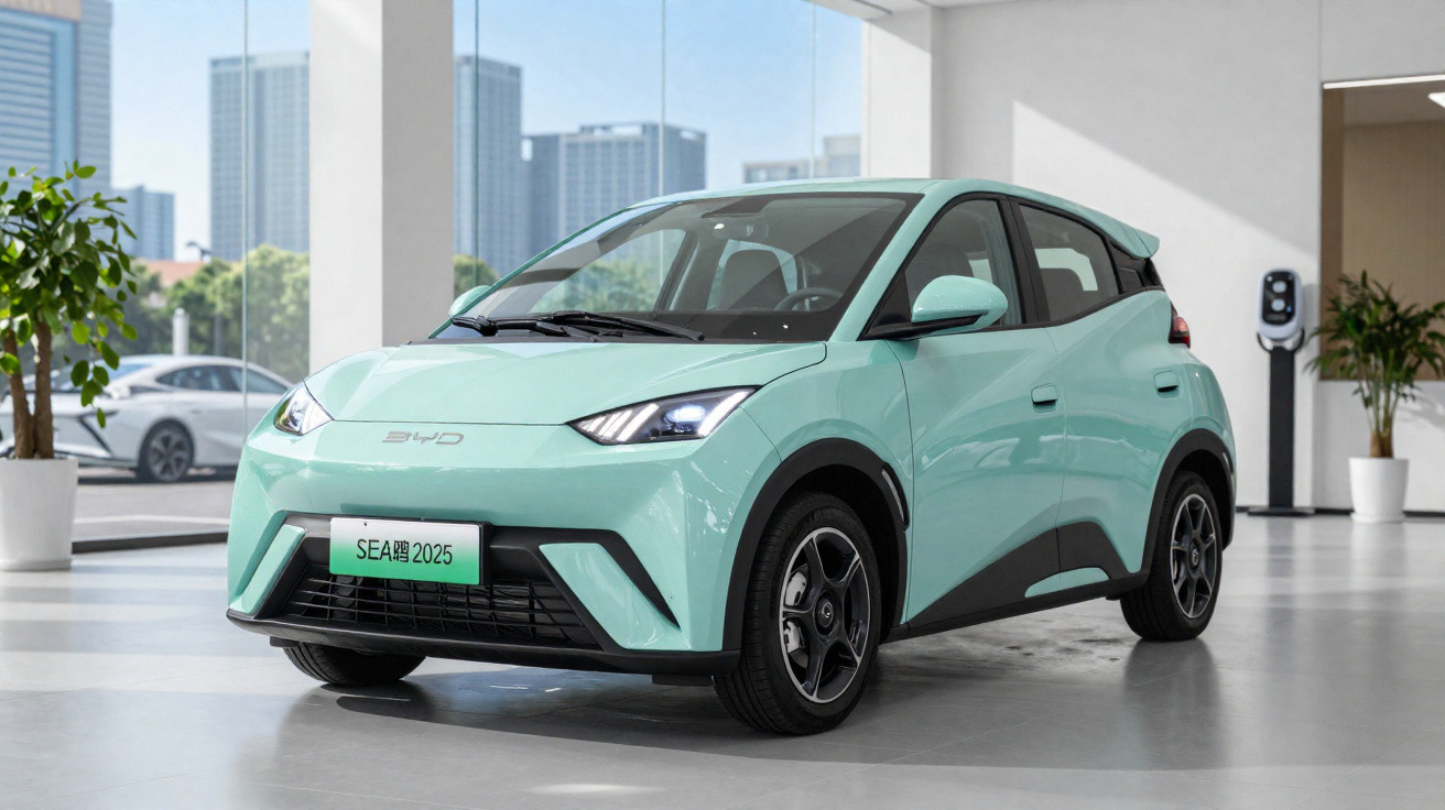 Carro elétrico compacto verde claro estacionado em showroom moderno com plantas e prédio ao fundo.