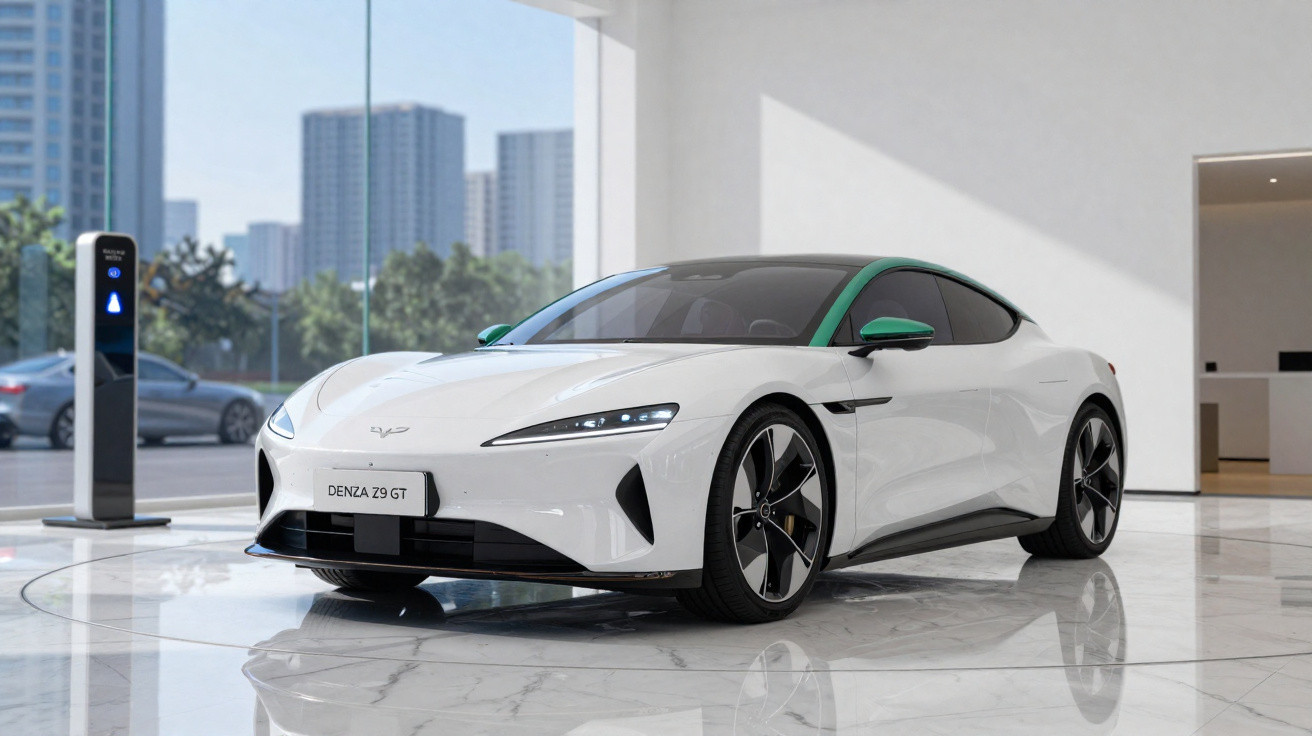 Carro elétrico branco Denza Z9 GT em showroom moderno com parede de vidro e cidade ao fundo.