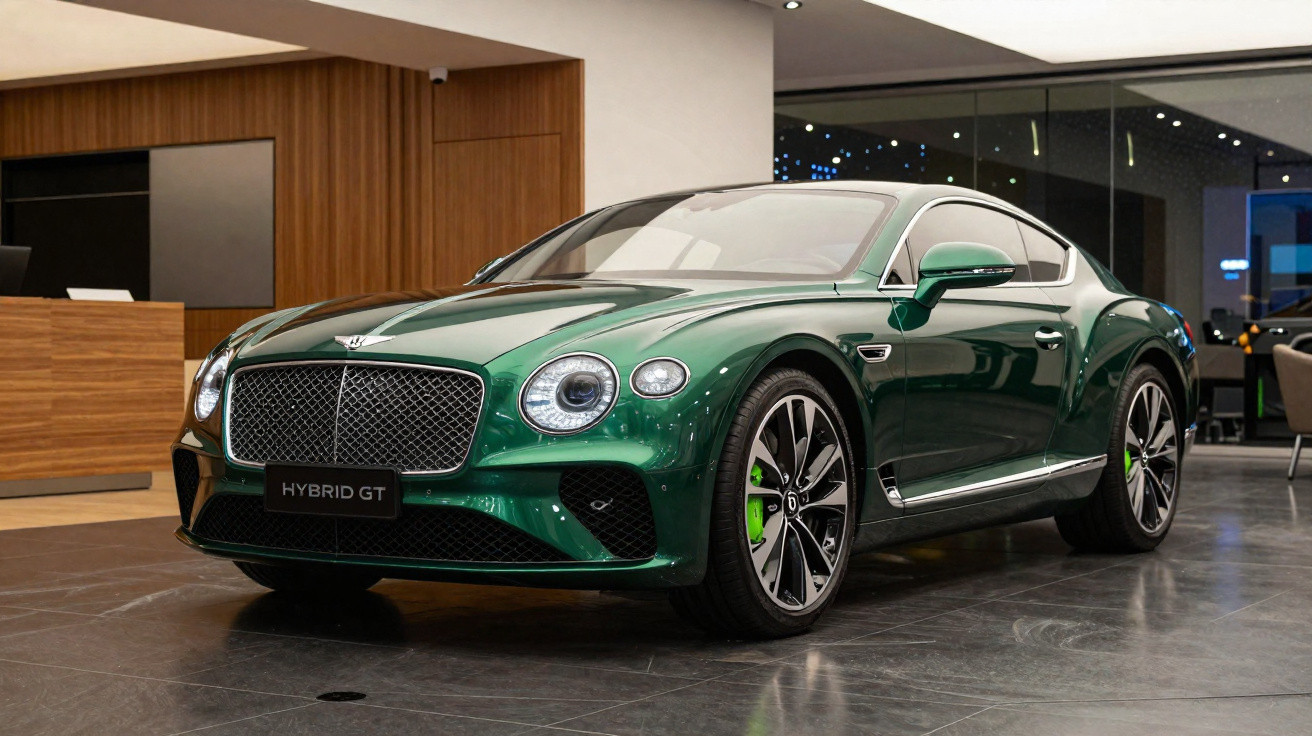 Carro esportivo Bentley Hybrid GT verde exibido em showroom com interior moderno e piso escuro.