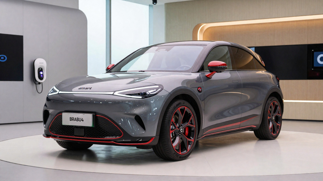 Carro elétrico cinza com detalhes vermelhos em exposição interna, com parede clara e estação de carregamento ao fundo.