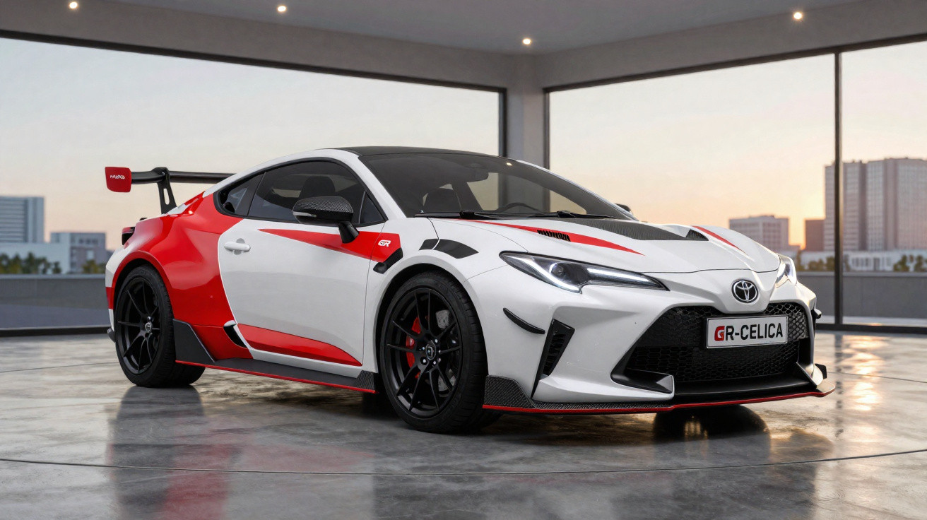 Carro esportivo Toyota GR Celica branco e vermelho em garagem com grandes janelas e luz natural.