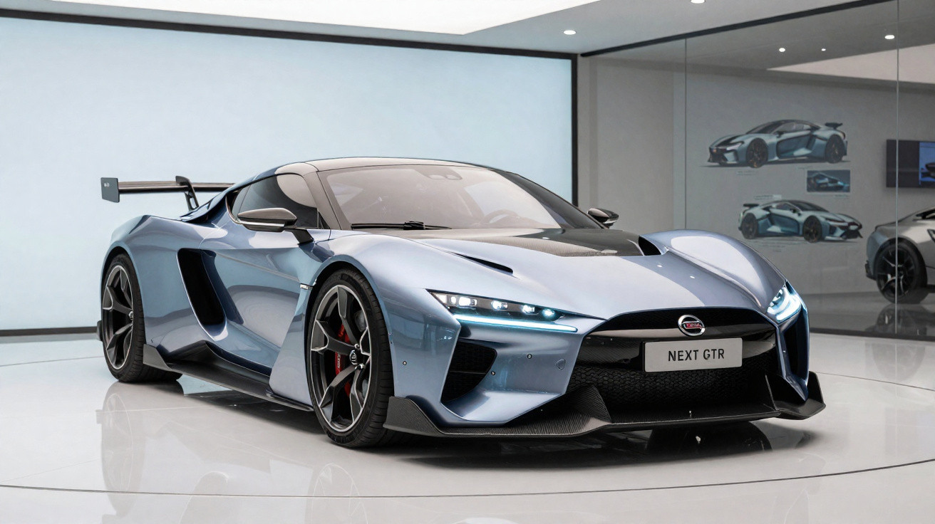 Carro esportivo azul futurista Next GTR exibido em showroom com iluminação moderna.