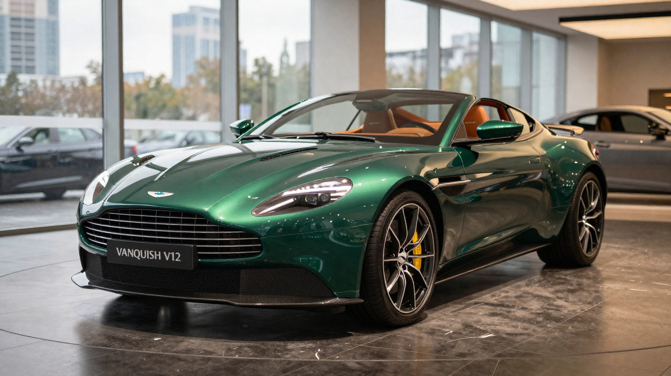 Carro esportivo verde Aston Martin Vanquish V12 exibido em showroom moderno com piso espelhado.