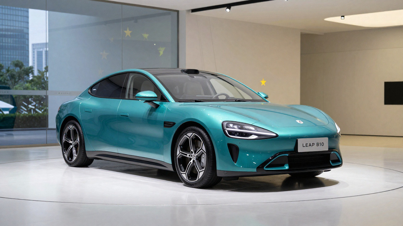 Carro elétrico azul esverdeado Leap B10 exibido em ambiente interno moderno.