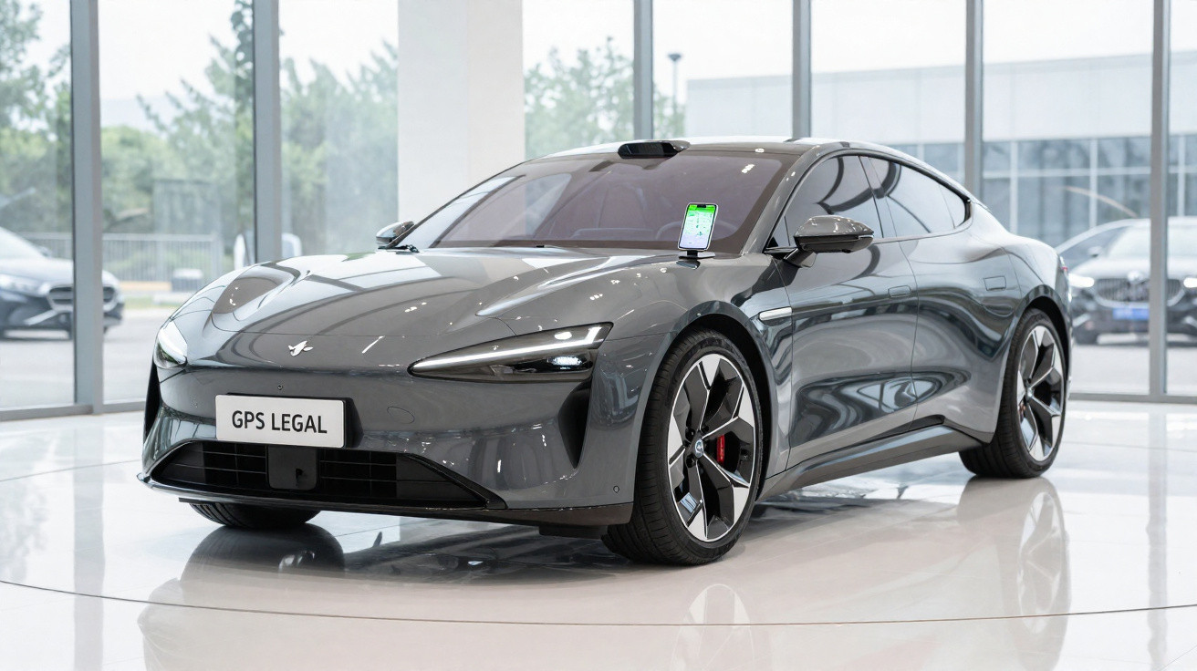 Carro elétrico cinza exposto em ambiente interno, com placas personalizadas GPS LEGAL.