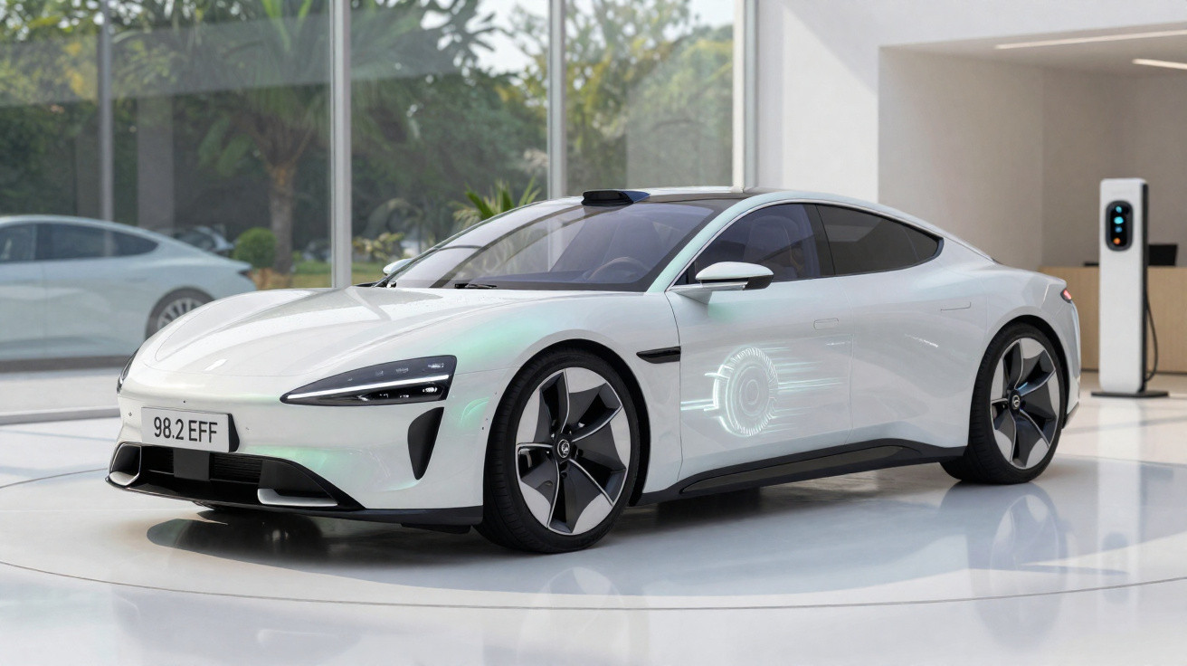Carro elétrico branco moderno em showroom com estação de recarga ao fundo e reflexos no piso.