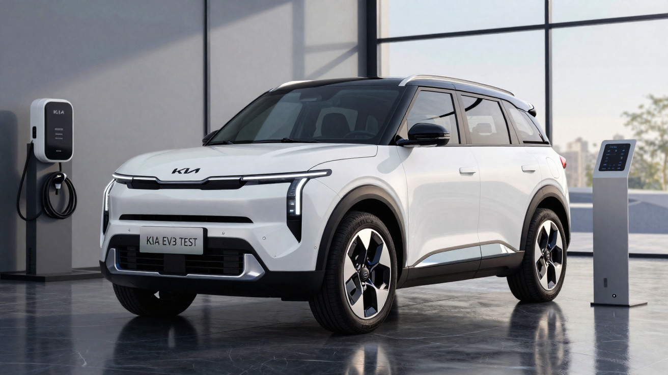 Carro elétrico branco Kia EV3 estacionado em área interna próximo a estação de carregamento.