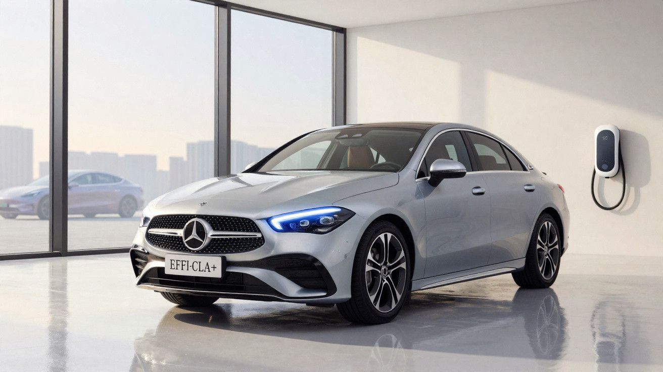 Carro elétrico Mercedes-Benz prateado estacionado ao lado de carregador em ambiente moderno com janelas panorâmicas.