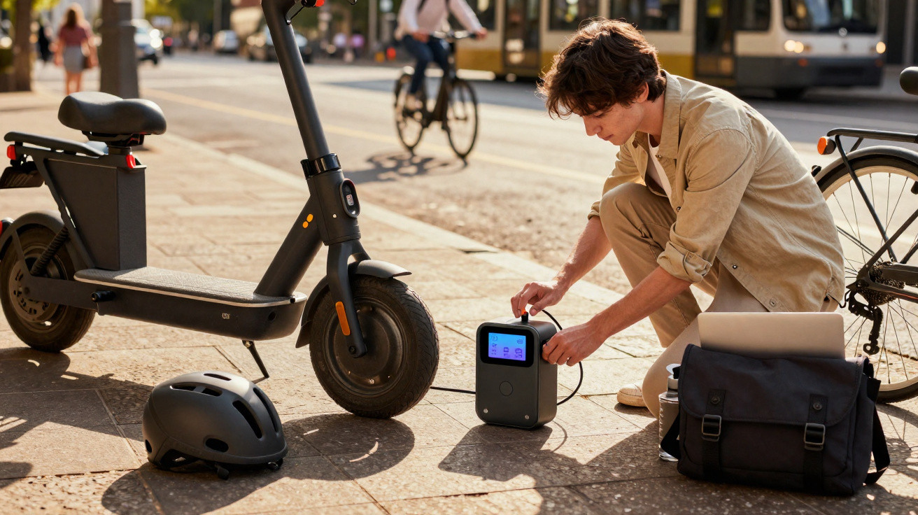 Homem ajusta equipamento eletrônico para scooter elétrica em calçada urbana ensolarada.