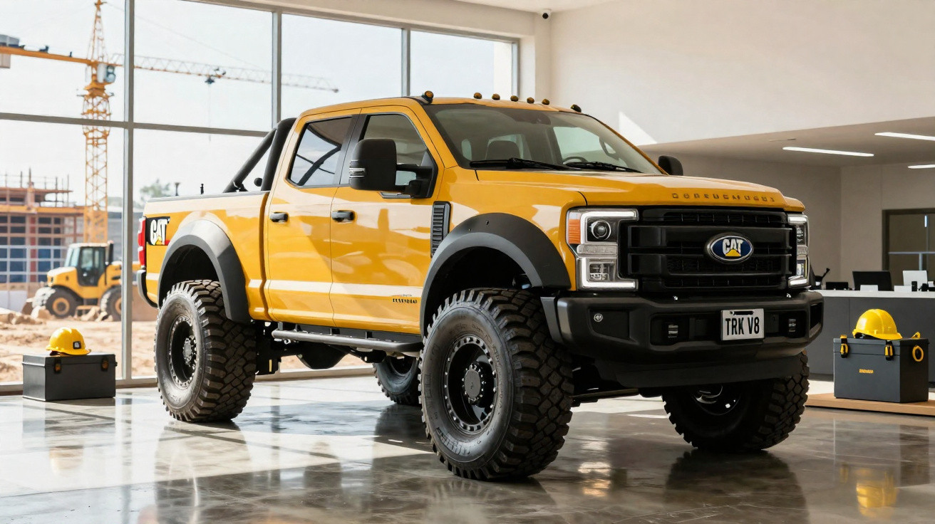 Picape amarela robusta da Caterpillar exibida em showroom com capacetes e caixa de ferramentas.