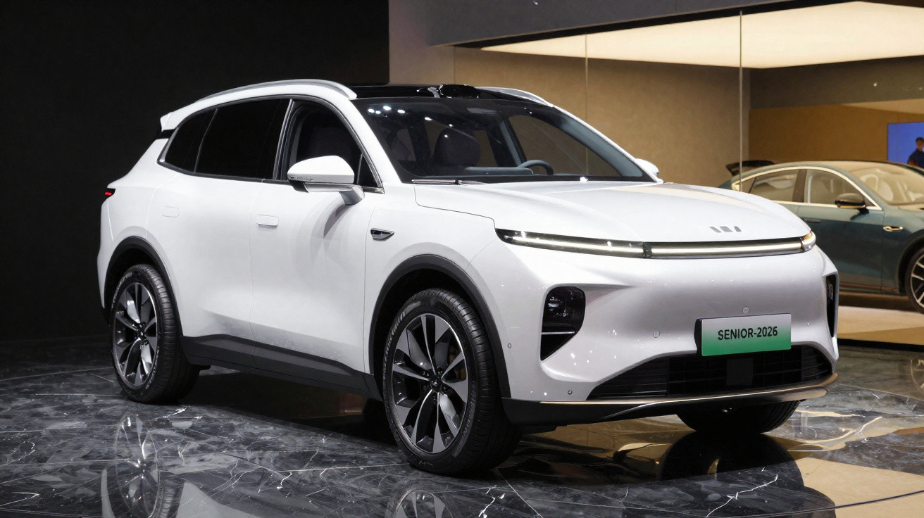 Carro elétrico SUV branco exibido em salão, com design moderno e faróis finos e alongados.