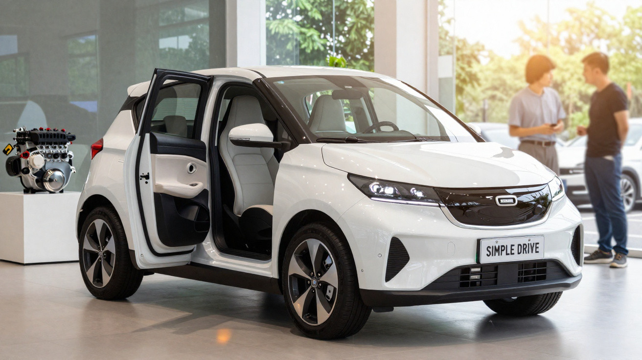 Carro compacto branco com porta dianteira aberta em showroom com duas pessoas ao fundo.