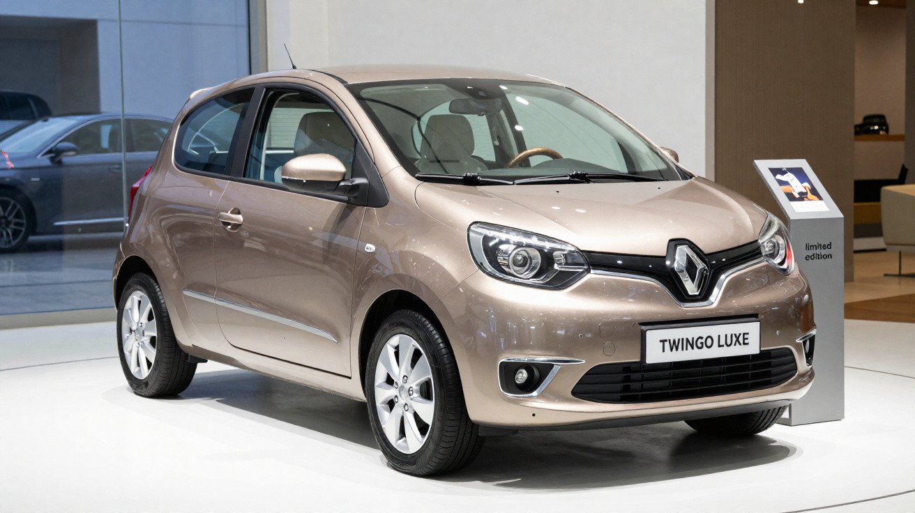 Carro compacto Renault Twingo Luxe na cor dourada exibido em showroom iluminado.